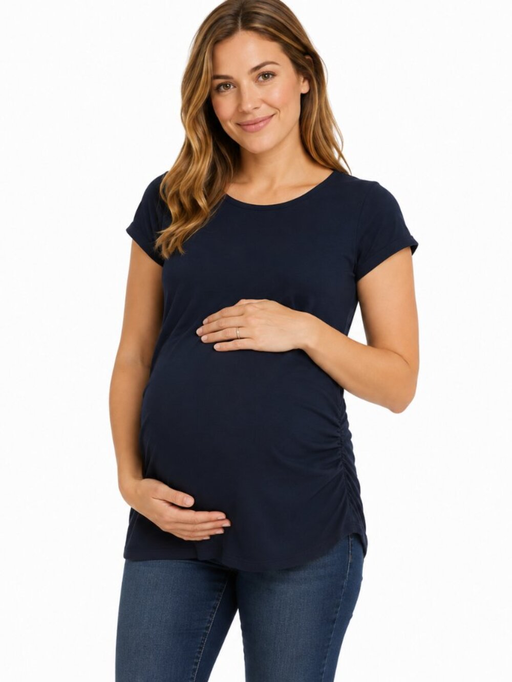 2/$20 Gap Maternity Navy Blue Ruched Side Short Sleeve Top Sz M